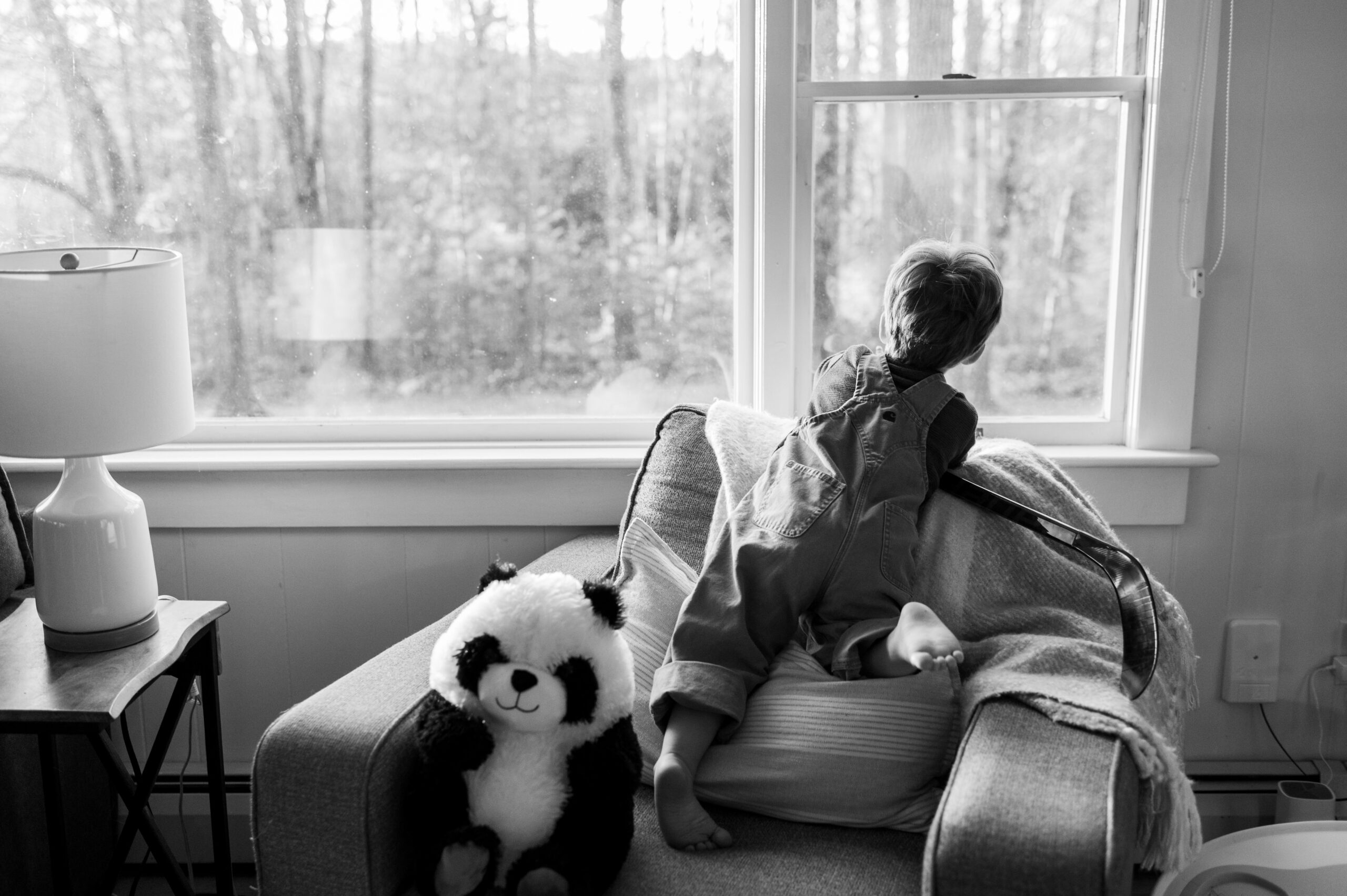 little boy looking out the living room window with a favorite stuffed animal during an in-home family photo session
